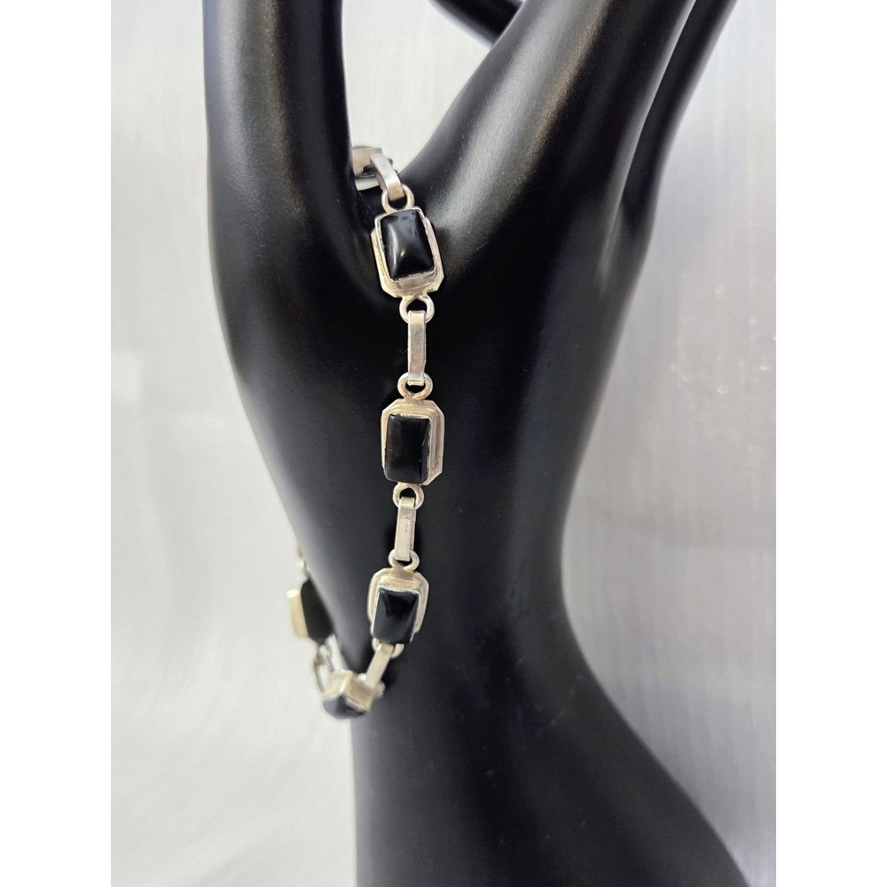 Vintage Mexican 925 Sterling Silver Bracelet BLACK Onyx Handcrafted Bangle 7.5"